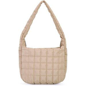 Women's Khaki Lightweight Cotton Puffy Quilted Hobo Bag Retro Soft Shoulder Bag